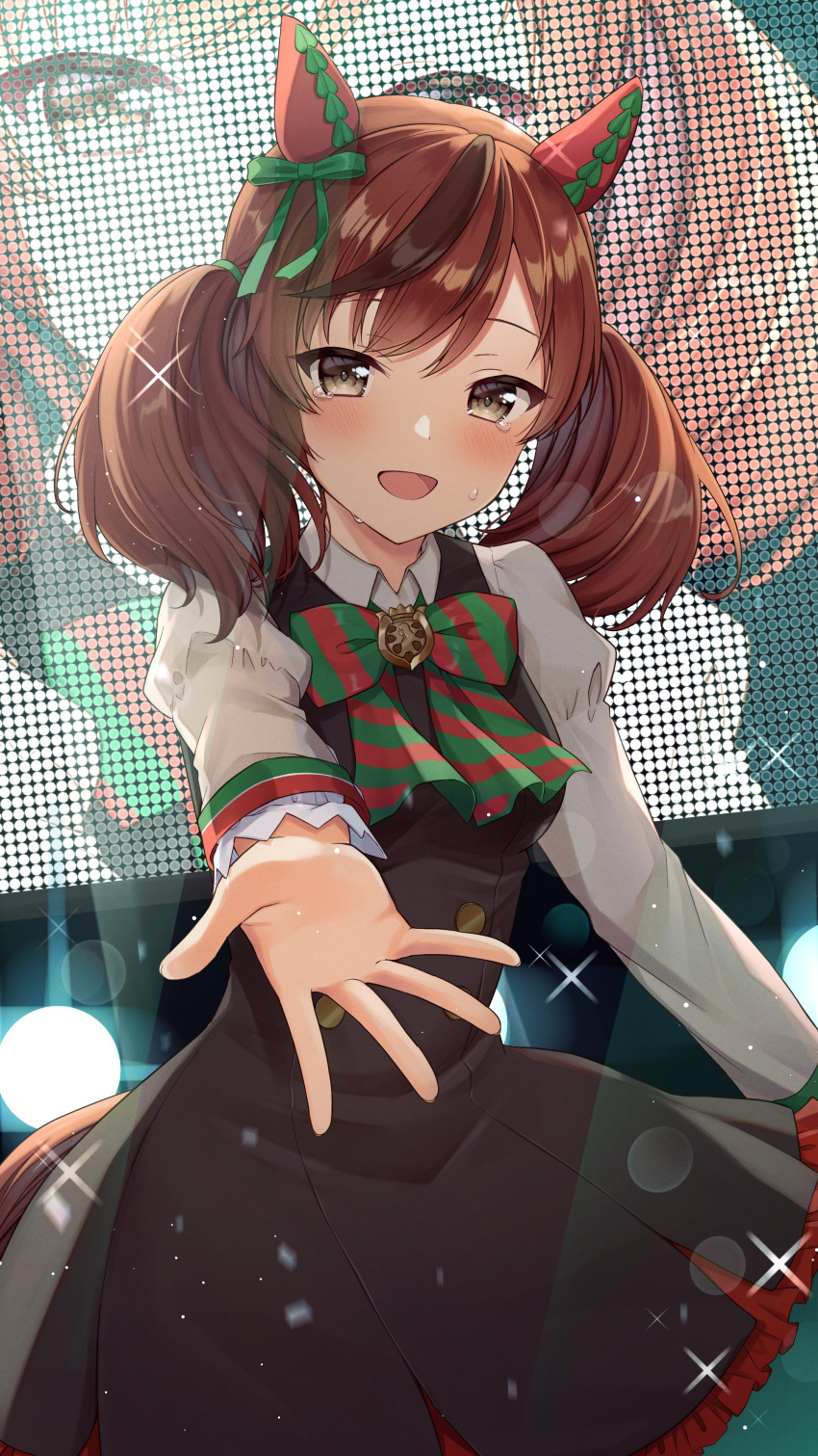 1girl absurdres animal_ears bow bowtie brown_dress brown_eyes brown_hair commentary_request dress dutch_angle ear_bow ear_covers ear_ribbon green_bow highres horse_ears horse_girl horse_tail looking_at_viewer mochiko_(uyu_omochi) multicolored_hair nice_nature_(umamusume) open_mouth reaching_out solo sparkle stage streaked_hair sweat tail tears twintails umamusume