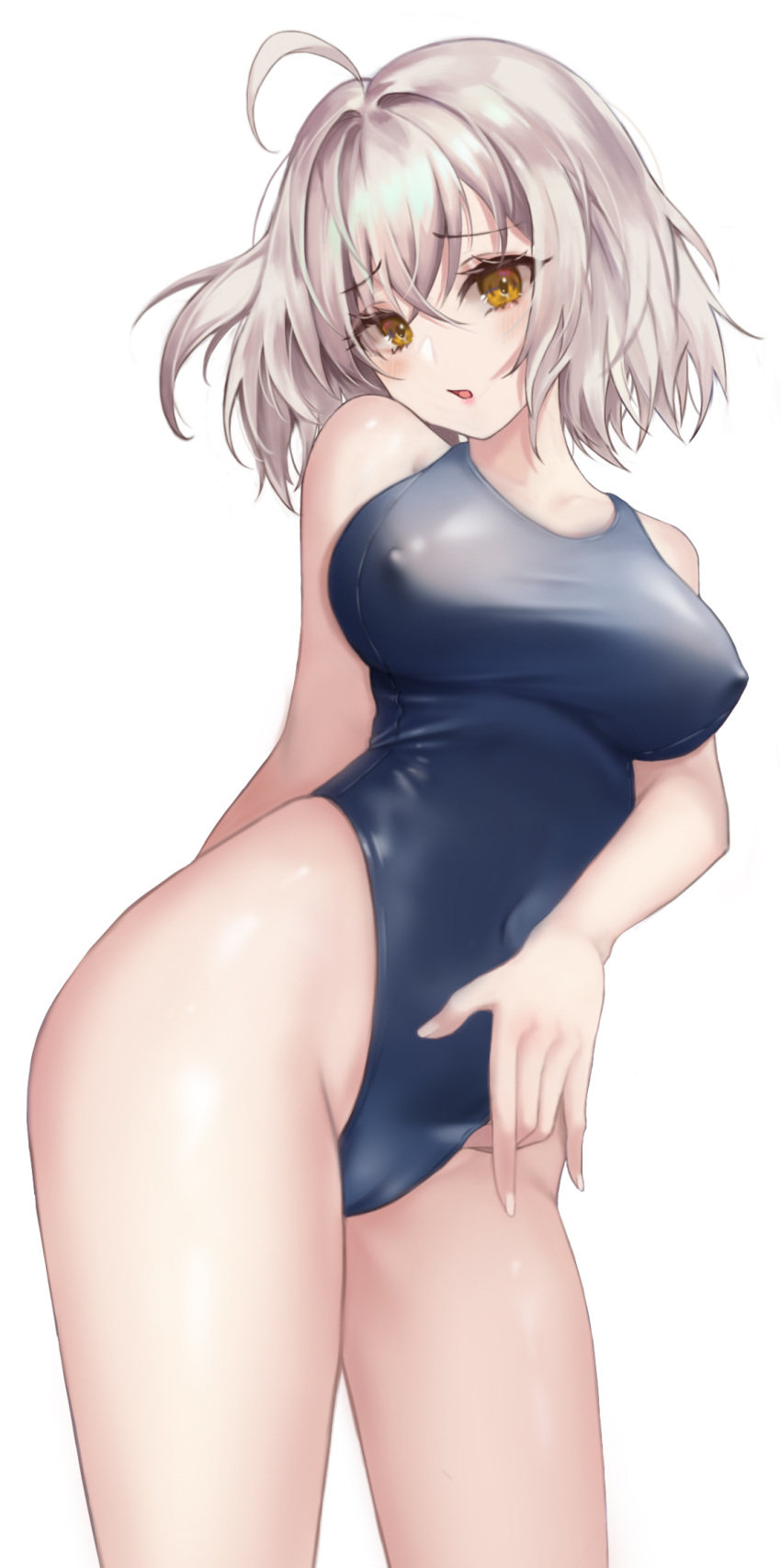 1girl ahoge bangs blue_swimsuit breasts covered_navel covered_nipples fate/grand_order fate_(series) highleg highleg_swimsuit highres jeanne_d'arc_(alter)_(fate) jeanne_d'arc_(fate)_(all) large_breasts mergerri one-piece_swimsuit short_hair silver_hair simple_background solo swimsuit white_background yellow_eyes