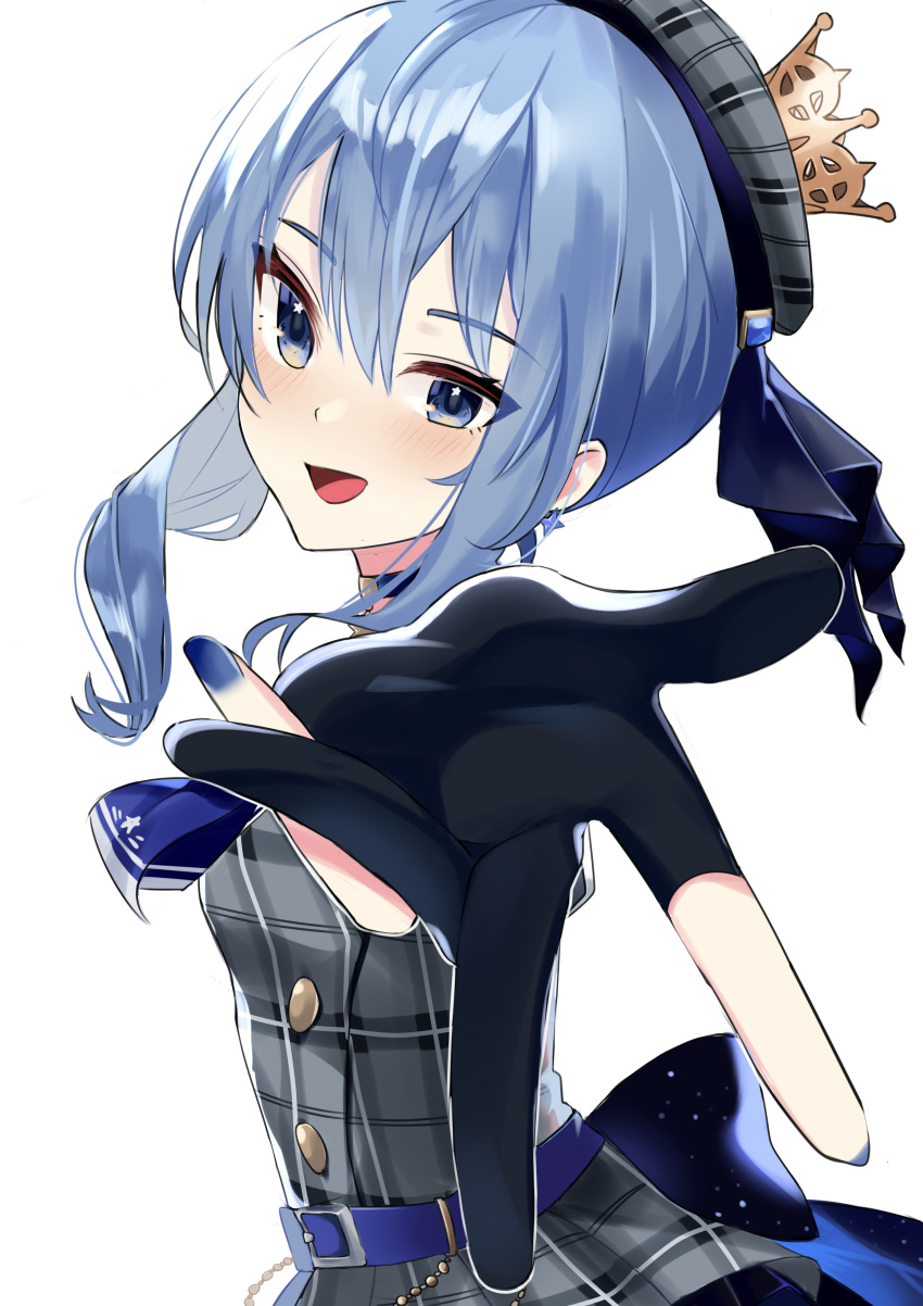 1girl absurdres back_bow bangs belt black_choker black_gloves blue_eyes blue_hair blue_nails blue_neckwear bow choker commentary_request crown earrings eyebrows_visible_through_hair foreshortening gloves grey_headwear grey_shirt hands highres hololive hoshimachi_suisei jewelry long_hair looking_at_viewer mini_crown nail_polish open_mouth partially_fingerless_gloves plaid plaid_headwear plaid_shirt reaching_out shirt simple_background smile solo star_(symbol) star_earrings ukei upper_body virtual_youtuber white_background