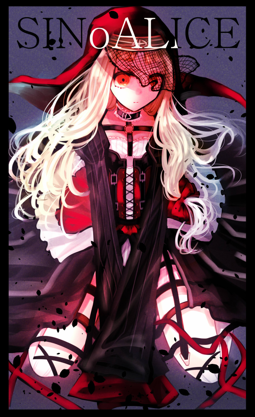 1girl bangs blonde_hair closed_mouth corset cover dress full_body hair_between_eyes highres little_red_riding_hood_(sinoalice) long_hair long_sleeves looking_at_viewer magazine_cover nun purple_background red_dress red_headwear seiza simple_background sinoalice sitting solo towada-san_(thank39) yellow_eyes