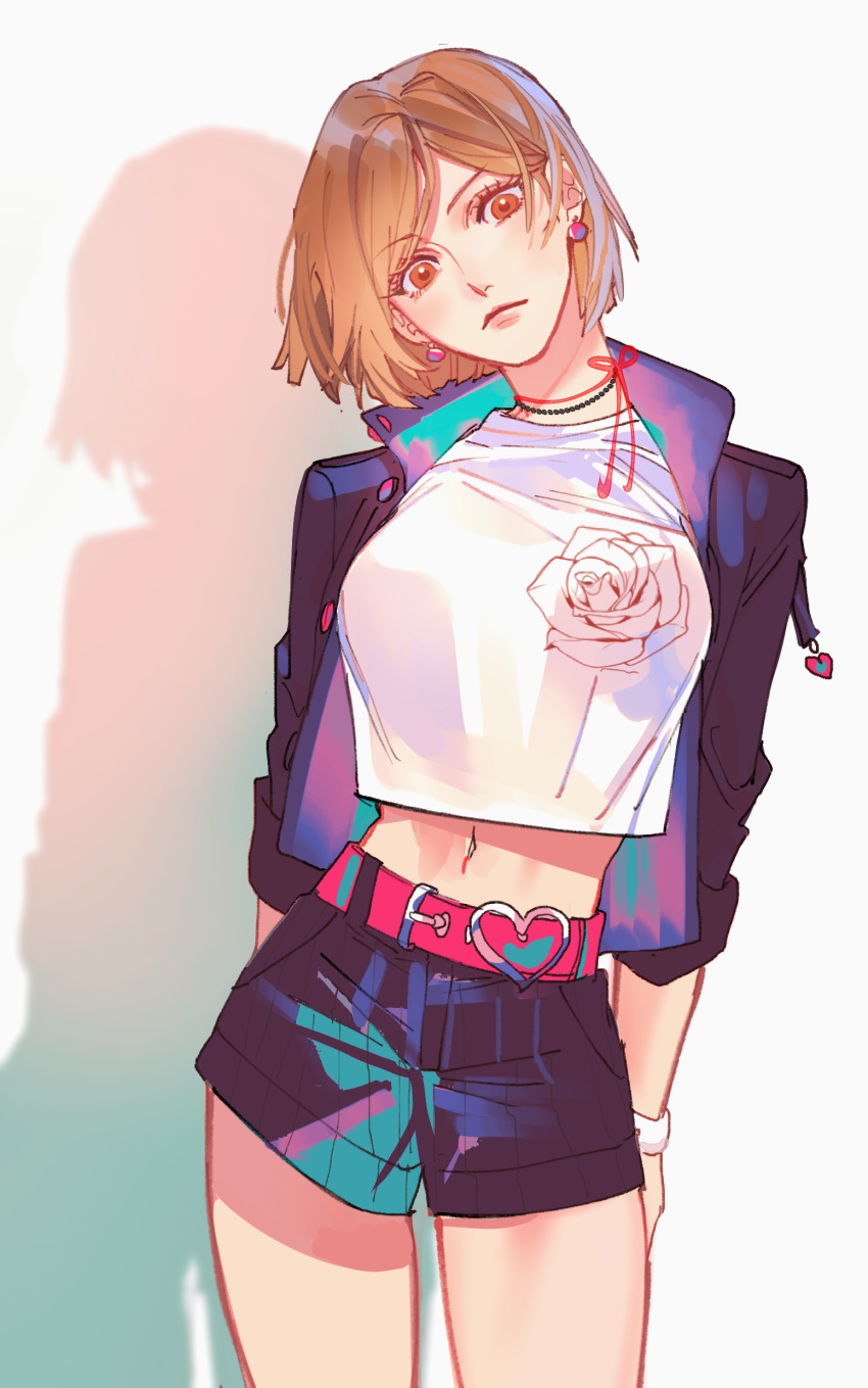 1girl absurdres arms_behind_back bangs bead_necklace beads belt belt_buckle breasts brown_eyes brown_hair buckle closed_mouth cowboy_shot crop_top depressionkani earrings eyebrows_visible_through_hair floral_print heart_belt highres jacket jewelry jujutsu_kaisen kugisaki_nobara lips looking_at_viewer midriff navel neck_ribbon necklace open_clothes open_jacket ribbon rose_print shadow shirt short_hair shorts simple_background solo swept_bangs white_background white_shirt