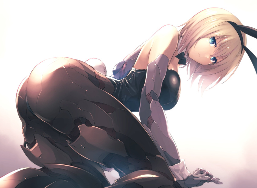 1girl animal_ears bare_shoulders black_footwear black_gloves blonde_hair blue_eyes bow bowtie breasts commentary detached_collar dutch_angle expressionless from_side gloves gun hair_between_eyes handgun high_heels highres ishiyumi looking_at_viewer mechanical_buddy_universe medium_breasts momdroid_(mechanical_buddy_universe) pantyhose pistol playboy_bunny rabbit_ears rabbit_tail solo tail weapon white_background