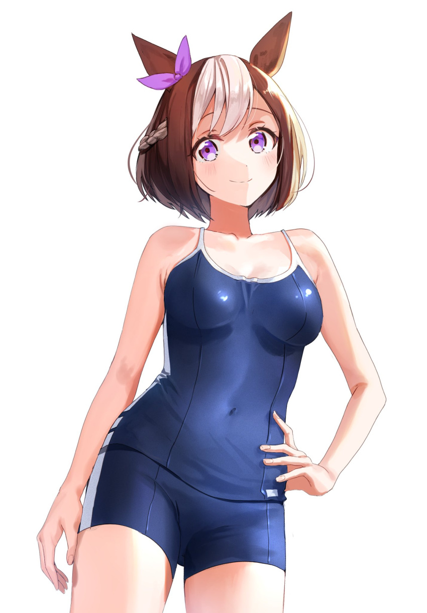 1girl animal_ears blue_swimsuit bow brown_hair commentary_request covered_navel ear_bow hand_on_hip highres horse_ears horse_girl horse_tail looking_at_viewer multicolored_hair naarann purple_bow short_hair solo special_week_(umamusume) swimsuit tail two-tone_hair umamusume violet_eyes white_background white_hair
