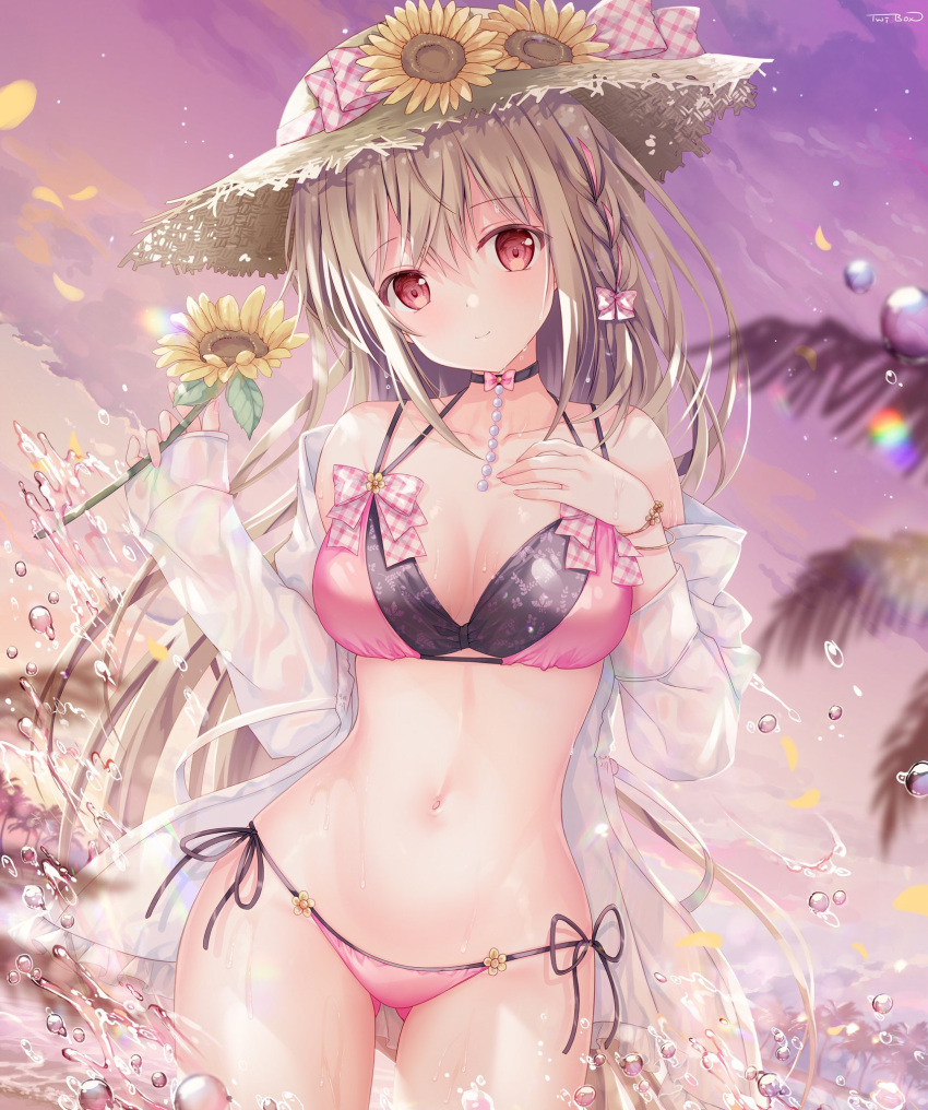 1girl bare_shoulders bikini black_choker braid breasts brown_hair brown_headwear choker cowboy_shot flower halterneck hand_on_own_chest hand_up hat hat_flower highres holding jacket large_breasts long_hair looking_at_viewer maeda_shiori multi-strapped_bikini navel off_shoulder open_clothes open_jacket original outdoors pink_bikini red_eyes solo sousouman stomach straw_hat string_bikini sunflower sunset swimsuit two-tone_bikini water wet white_jacket