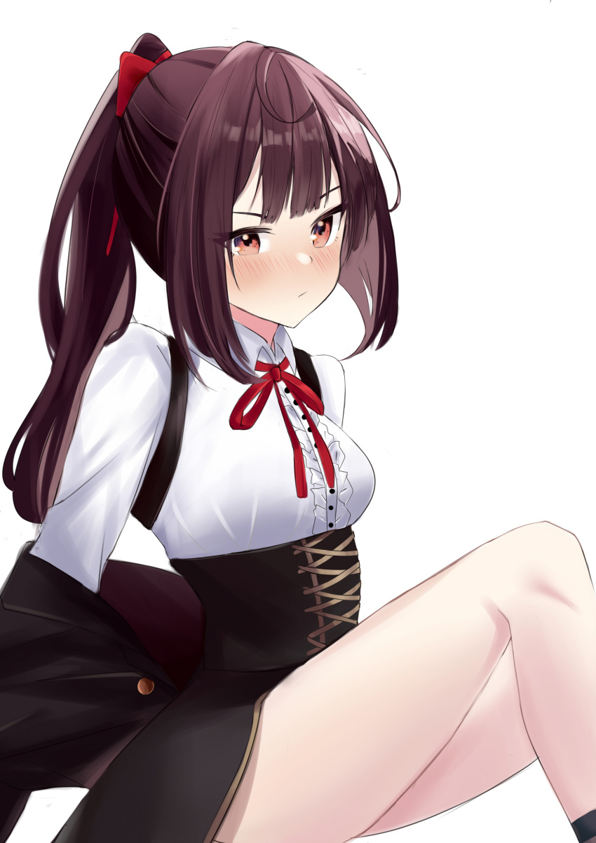1girl absurdres bangs black_jacket blush bow closed_mouth commentary corset feet_out_of_frame hair_bow highres jacket legs long_hair long_sleeves looking_at_viewer megumi_(ukei) neck_ribbon off_shoulder original ponytail pout purple_hair red_bow red_eyes red_neckwear ribbon shirt shoulder_strap simple_background sitting solo thighs ukei white_background white_shirt