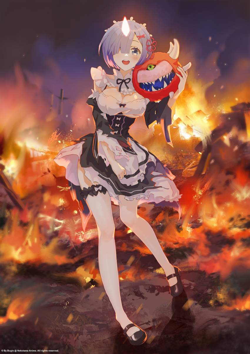 1girl absurdres black_footwear blue_eyes blue_hair blush breasts bugie cacodemon commission commissioner_upload doom_(series) fire full_body highres large_breasts open_mouth re:zero_kara_hajimeru_isekai_seikatsu rem_(re:zero) smile solo standing torn_clothes white_legwear