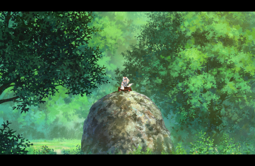 1girl animal_ears boulder commentary_request day geta hand_up hat highres inubashiri_momiji letterboxed long_sleeves looking_at_viewer medium_hair outdoors red_eyes red_footwear red_headwear red_skirt shading_eyes skirt solo suzu_(susan_slr97) tail tokin_hat touhou tree white_hair wide_shot wide_sleeves wolf_ears wolf_tail