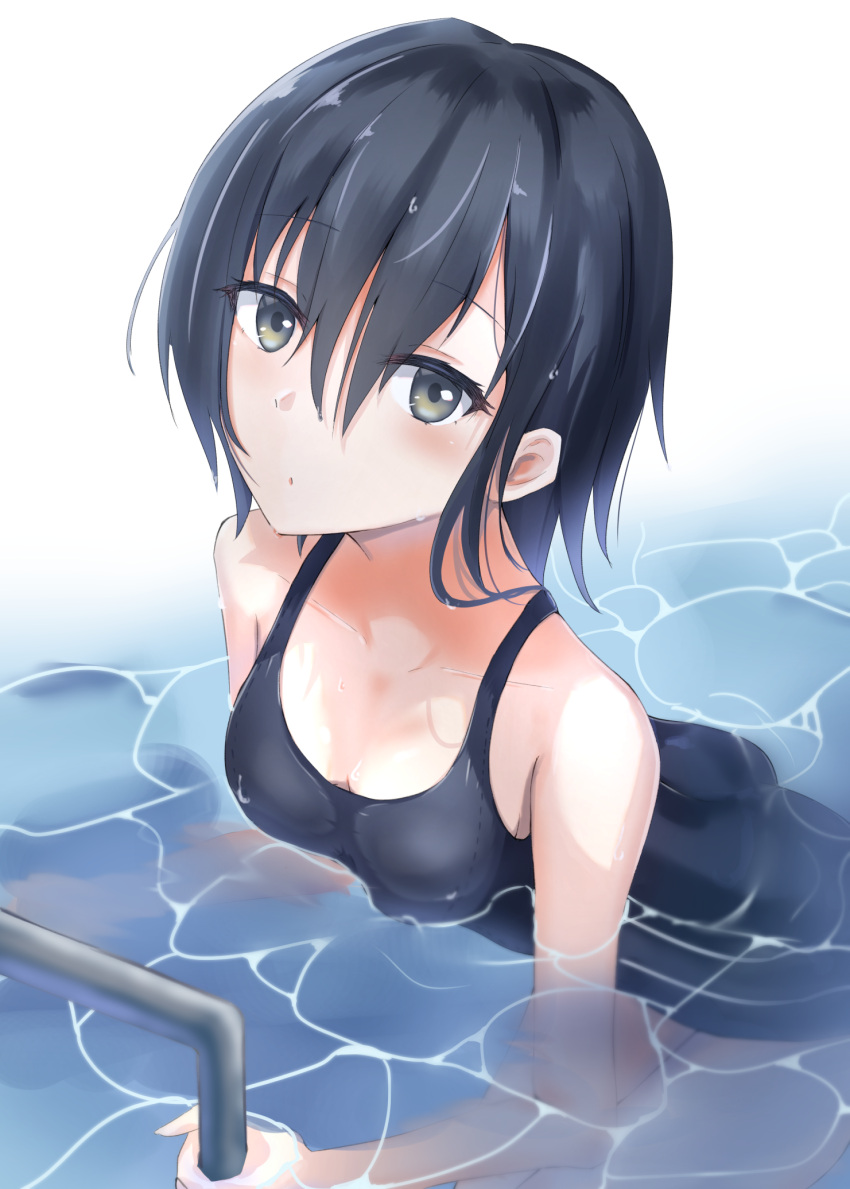 1girl black_eyes black_hair black_swimsuit breasts commentary_request highres i-13_(kancolle) kantai_collection looking_at_viewer partially_submerged pool_ladder school_swimsuit short_hair small_breasts solo sumisaki swimsuit upper_body water