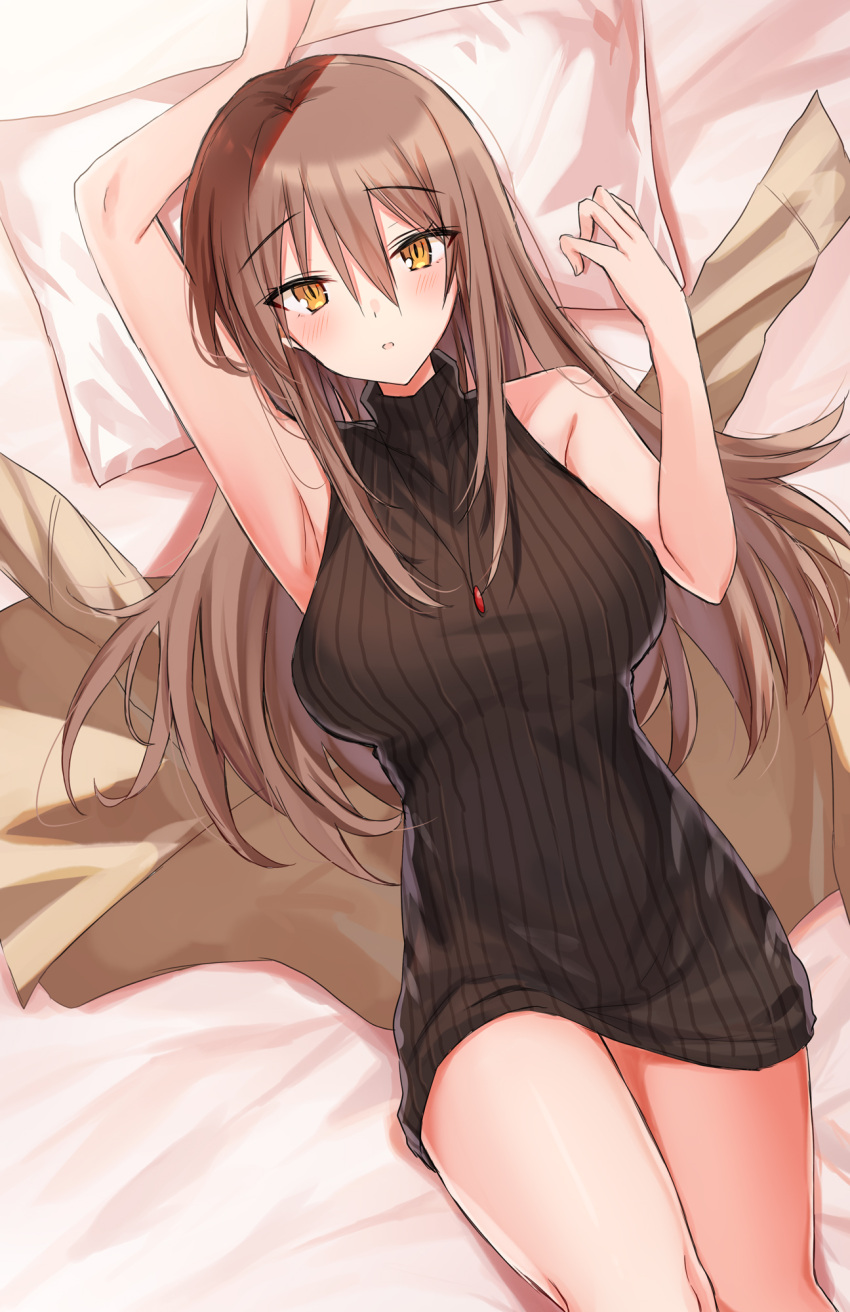 1girl bed_sheet breasts brown_hair brown_sweater dress eyebrows_visible_through_hair hair_between_eyes highres jewelry kinona large_breasts long_hair looking_at_viewer lying necklace on_back original pillow solo sweater sweater_dress thighs yellow_eyes