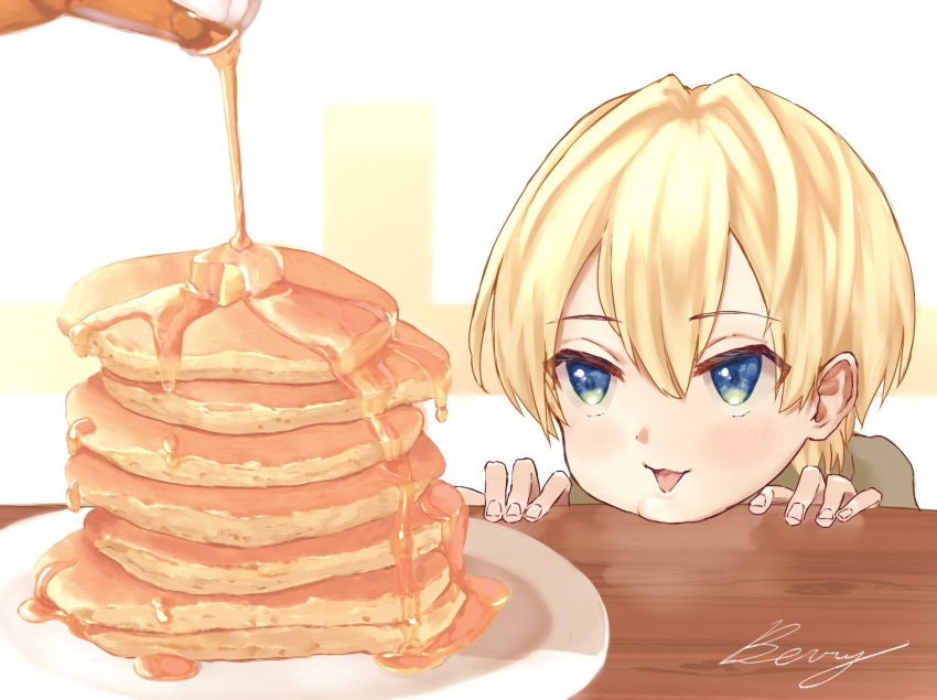 1boy blonde_hair blue_eyes food male open_mouth pancake plate solo syrup table