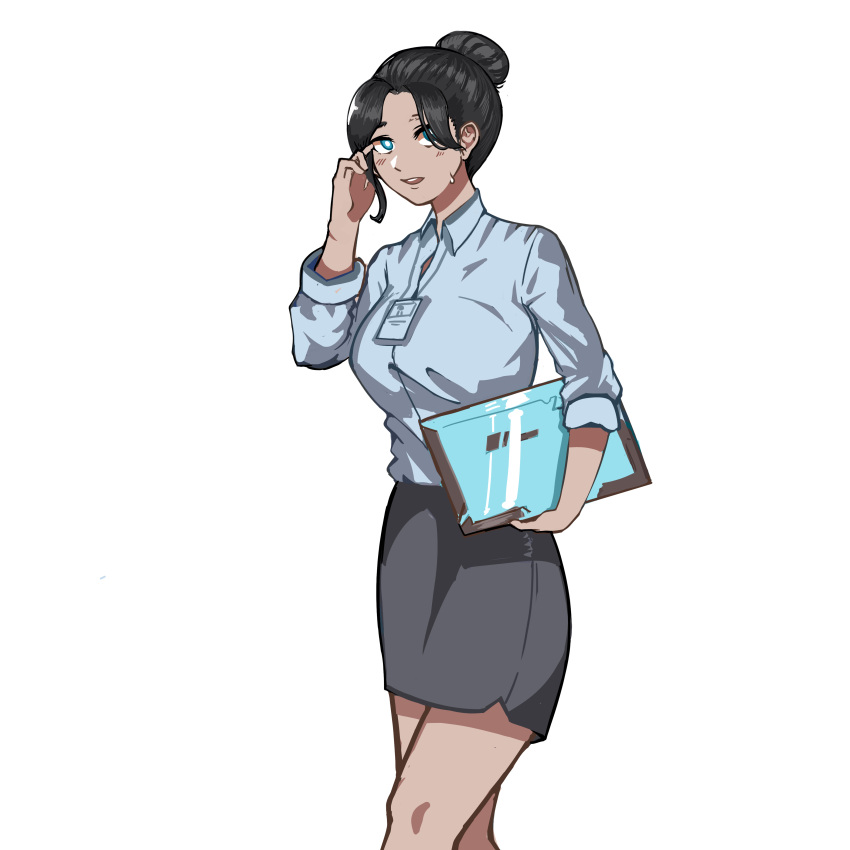 1girl absurdres alternate_costume apex_legends bangs blue_eyes blue_shirt breasts clipboard collared_shirt grey_skirt hair_behind_ear hair_bun highres holding holding_clipboard junho korean_commentary medium_breasts office_lady open_mouth parted_bangs pencil_skirt shirt shirt_tucked_in skirt solo walking white_background wraith_(apex_legends)