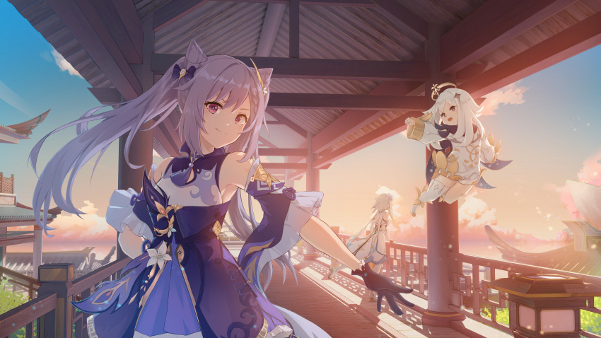 3girls 4678609 absurdres bare_shoulders blonde_hair blue_sky bow breasts caisena commentary_request day double_bun dress evening fairy frilled_sleeves frills genshin_impact gloves hair_bow hair_bun hair_ornament hairclip highres keqing_(genshin_impact) looking_at_viewer lumine_(genshin_impact) medium_breasts multiple_girls outdoors paimon_(genshin_impact) purple_dress purple_hair sky smile sunset twintails violet_eyes white_dress white_hair
