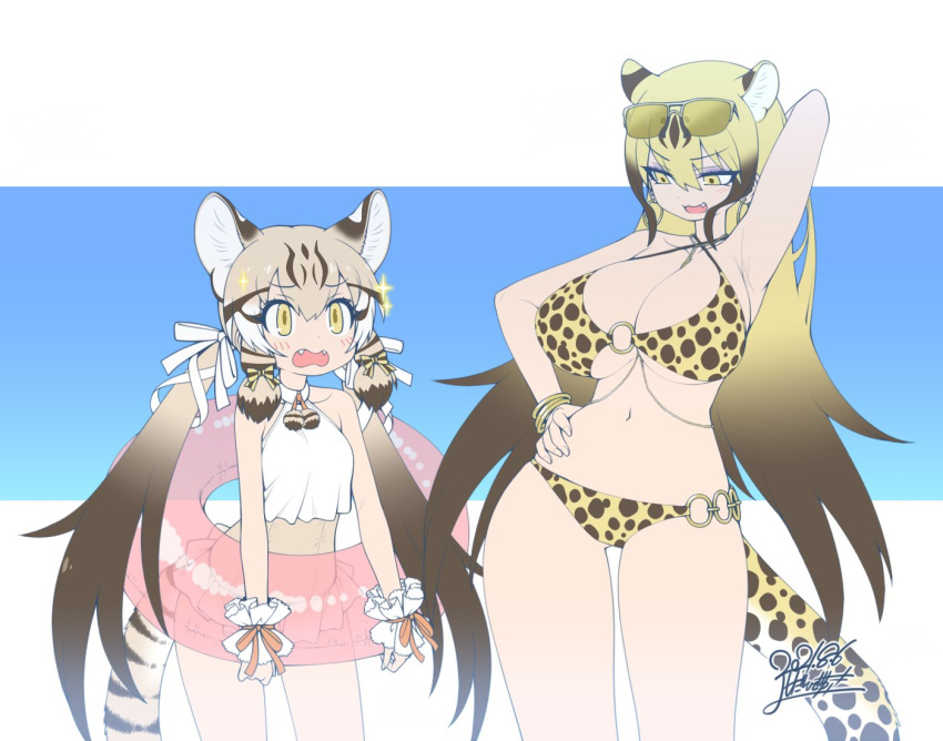 2girls animal_ears animal_print arm_behind_head arm_up armpits bare_arms bare_shoulders bikini blonde_hair breasts brown_hair cat_ears cat_girl cat_tail cheetah_(kemono_friends) cheetah_ears cheetah_print cheetah_tail colored_inner_hair cuffs dated extra_ears eyebrows_visible_through_hair eyewear_on_head fang fangs furrowed_brow geoffroy's_cat_(kemono_friends) grey_hair hair_ribbon hand_on_hip height_difference innertube kemono_friends large_breasts long_hair looking_at_another multicolored_hair multiple_girls navel one-piece_swimsuit open_mouth pose print_bikini ribbon sidelocks signature smile sparkle standing stomach sunglasses swimsuit tail twintails two-tone_hair very_long_hair yellow_eyes yoshida_hideyuki