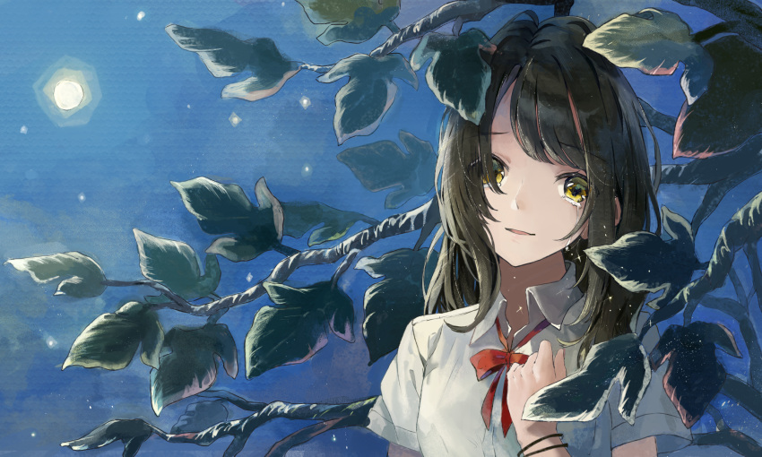 1girl blue_sky branch brown_hair collared_shirt commentary_request crying dress_shirt eyebrows_visible_through_hair eyes_visible_through_hair full_moon hair_over_one_eye hand_up head_tilt highres leaf light_smile long_hair looking_at_viewer loose_neckwear moon neck_ribbon night original outdoors parted_lips red_neckwear red_ribbon ribbon shi-ro shirt short_sleeves sky solo sparkle star_(sky) starry_sky streaming_tears tears texture upper_body white_shirt wristband yellow_eyes