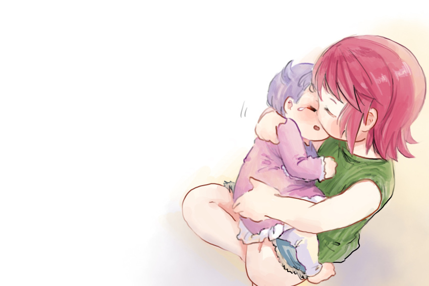 2girls baby bang_dream! blue_shorts child closed_eyes denim denim_shorts dress green_sweater highres holding_baby hug indian_style medium_hair multiple_girls nichiju_(you) pants purple_dress purple_hair redhead ribbed_sweater short_hair shorts siblings sisters sitting sleeveless sleeveless_sweater sweater tearing_up udagawa_ako udagawa_tomoe white_pants younger