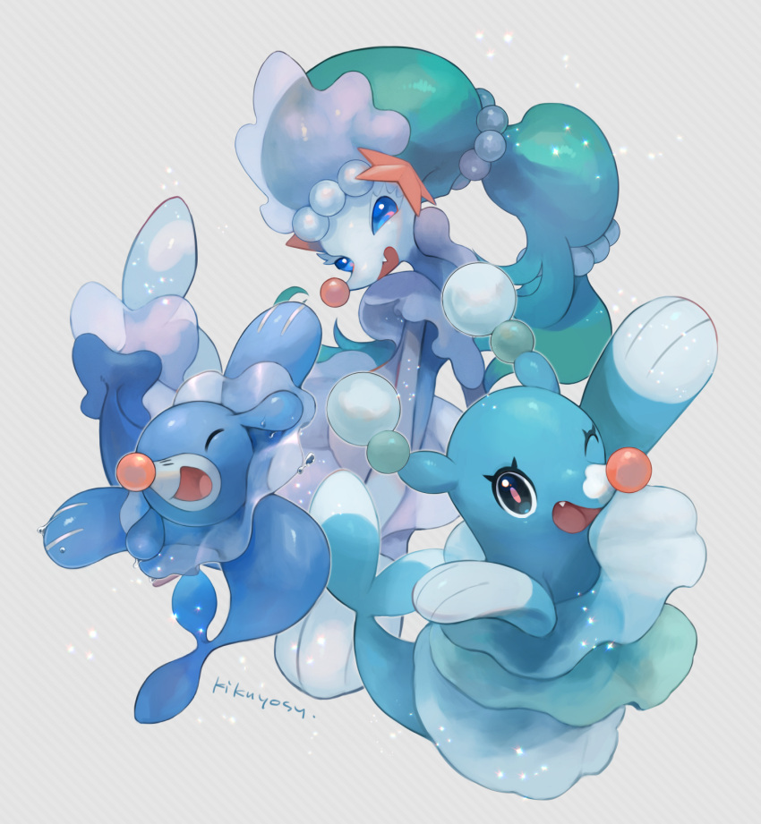 :d arms_up beads blue_eyes brionne closed_eyes commentary_request eyelashes fang gen_7_pokemon head_tilt highres kikuyoshi_(tracco) looking_at_viewer no_humans one_eye_closed open_mouth pokemon pokemon_(creature) popplio primarina signature smile tongue white_eyelashes