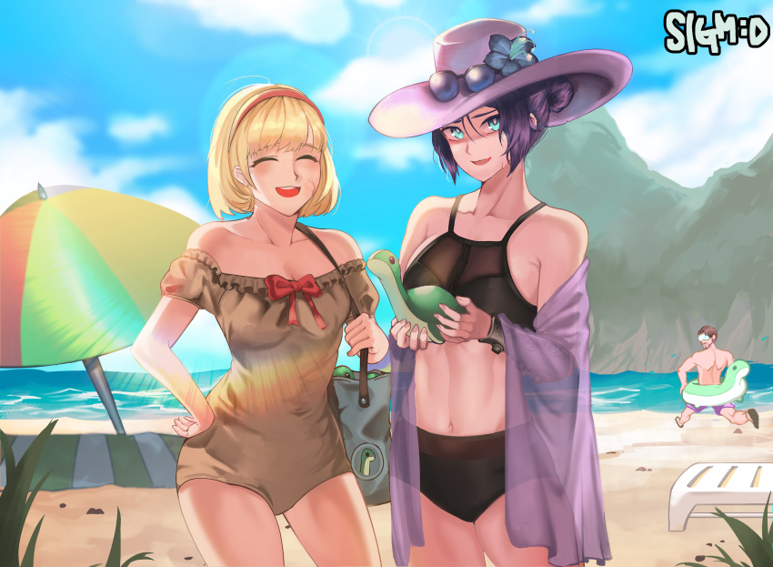 1boy 2girls ^_^ absurdres apex_legends beach black_hair black_swimsuit blonde_hair blue_eyes bracer breasts brown_hair brown_swimsuit closed_eyes clouds collarbone eyewear_on_headwear goggles hat highres holding holding_stuffed_toy innertube junho lens_flare looking_to_the_side medium_breasts mirage_(apex_legends) multiple_girls navel nessie_(respawn) ocean off-shoulder_swimsuit off_shoulder one-piece_swimsuit purple_headwear purple_shawl purple_shorts running sandals shawl shirtless shorts sky smile stuffed_toy sun_hat sweat swimsuit towel umbrella wattson_(apex_legends) wraith_(apex_legends)