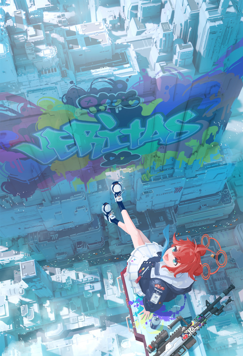 1girl :d absurdres ahoge black_legwear blue_archive blue_eyes blue_necktie building city cityscape double_bun feev99 from_above full_body general_dynamics_lwmmg graffiti gun hair_between_eyes halo highres hood hooded_jacket id_card jacket looking_at_viewer looking_up machine_gun maki_(blue_archive) necktie outdoors paint_on_clothes paint_splatter pleated_skirt redhead road shoes sitting_on_roof skirt skyscraper smile sneakers sunlight weapon white_footwear white_skirt wind