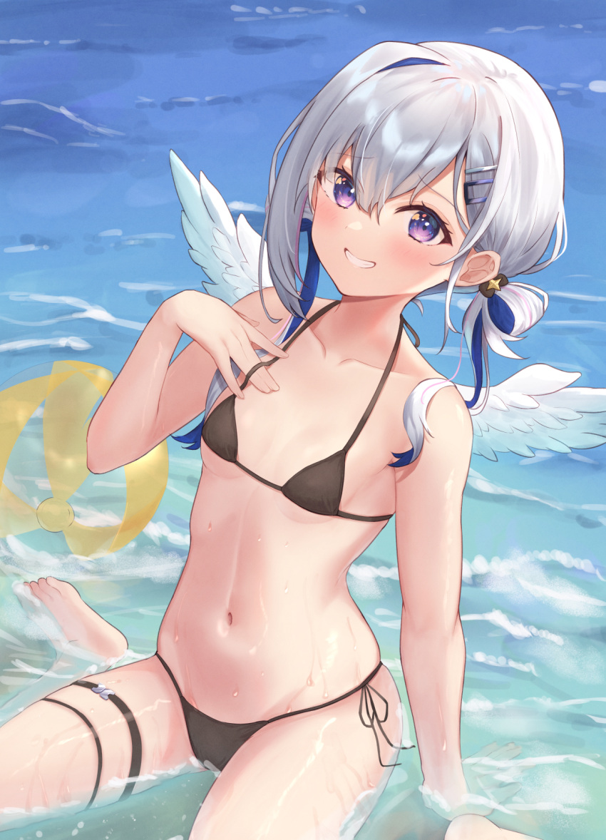1girl amane_kanata angel_wings ball bare_arms bare_shoulders barefoot beachball bikini black_bikini black_ribbon blue_hair blush breasts collarbone commentary feathered_wings fue_(lars0713) grin hair_ornament hairclip hand_on_own_chest highres hololive looking_at_viewer micro_bikini multicolored_hair navel nervous_smile ribbon shallow_water short_hair side-tie_bikini silver_hair sitting skindentation small_breasts smile solo stomach swimsuit teeth thigh_strap two-tone_hair violet_eyes virtual_youtuber wariza water wet white_wings wings