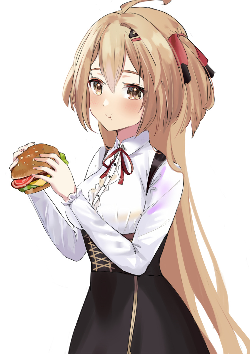 1girl absurdres ahoge bangs black_bow black_skirt bow brown_eyes brown_hair burger chewing collared_shirt commentary corset eri_(ukei) food hair_between_eyes hair_bow hands_up highres holding holding_food long_hair long_sleeves neck_ribbon original red_bow red_neckwear ribbon school_uniform shirt simple_background skirt solo suspender_skirt suspenders ukei upper_body white_background white_shirt