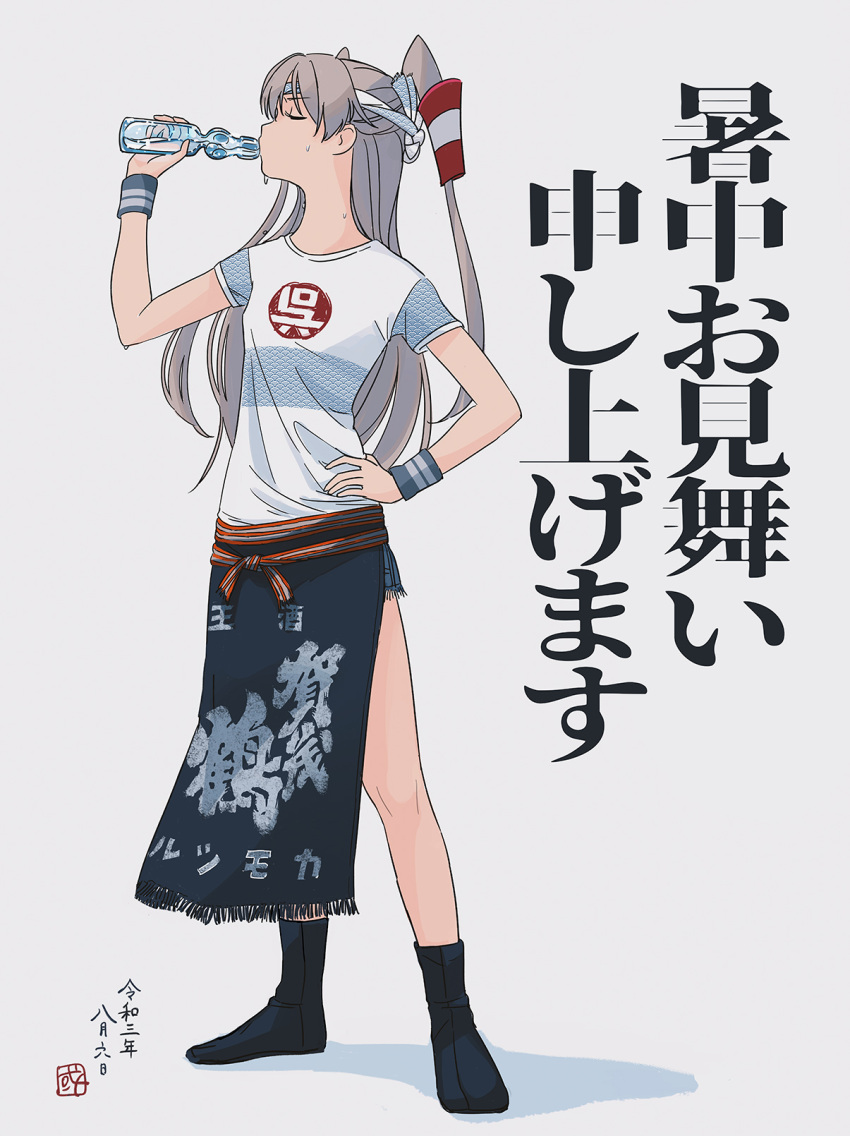 1girl amatsukaze_(kancolle) black_footwear boots bottle closed_eyes clothes_writing dated drinking full_body grey_background hair_tubes hand_on_hip highres holding holding_bottle kantai_collection kokudou_juunigou long_hair ramune shirt short_sleeves silver_hair solo standing two_side_up white_shirt windsock