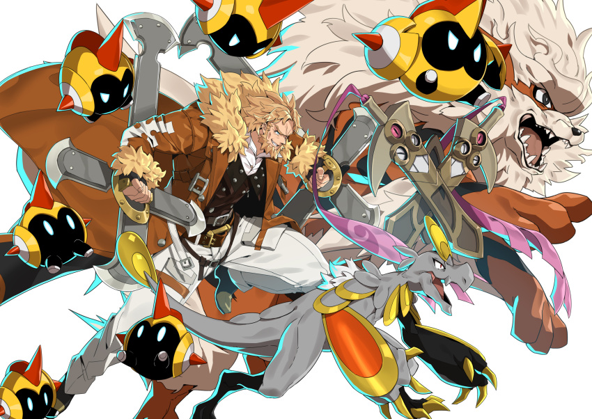 1boy absurdres arcanine belt black_gloves blonde_hair blue_eyes brown_belt brown_jacket claws crossover doublade dual_wielding facial_hair falinks fingerless_gloves fur-trimmed_jacket fur_trim gen_1_pokemon gen_6_pokemon gen_7_pokemon gen_8_pokemon gloves grin guilty_gear guilty_gear_strive highres holding jacket kommo-o leo_whitefang long_hair makai male_focus pants pokemon pokemon_(creature) simple_background smile weapon white_background white_pants