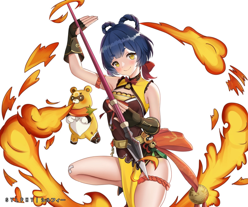 1girl arm_up armpits bangs bell black_hair blunt_bangs brown_gloves chili_pepper chinese_clothes commentary_request eyebrows_visible_through_hair eyes_visible_through_hair fingerless_gloves fire genshin_impact gloves guoba_(genshin_impact) head_tilt holding holding_polearm holding_spear holding_weapon long_hair looking_at_viewer polearm red_panda sidelocks simple_background smile spear sylphy_(user_nngk5244) thick_eyebrows weapon white_background xiangling_(genshin_impact) yellow_eyes