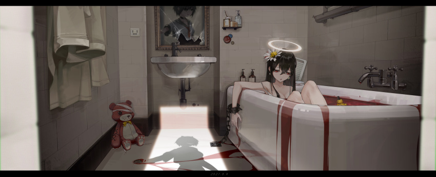 2girls 50mgnicotine :o absurdres bangs bath bath_of_blood bathing bathroom bathtub black_hair blood bottle bra_strap breasts broken_glass broken_mirror chain chinese_commentary commentary_request corrupted_exif_data cuffs earrings eyebrows_visible_through_hair faucet flower flower_earrings glass hair_between_eyes hair_flower hair_ornament halo highres indoors jewelry knees_up long_hair looking_away multiple_girls opening_door original overflowing overflowing_bath partially_submerged red_eyes reflection restrained rubber_duck shadow sink sitting solo_focus stuffed_animal stuffed_toy teddy_bear tile_wall tiles towel white_flower