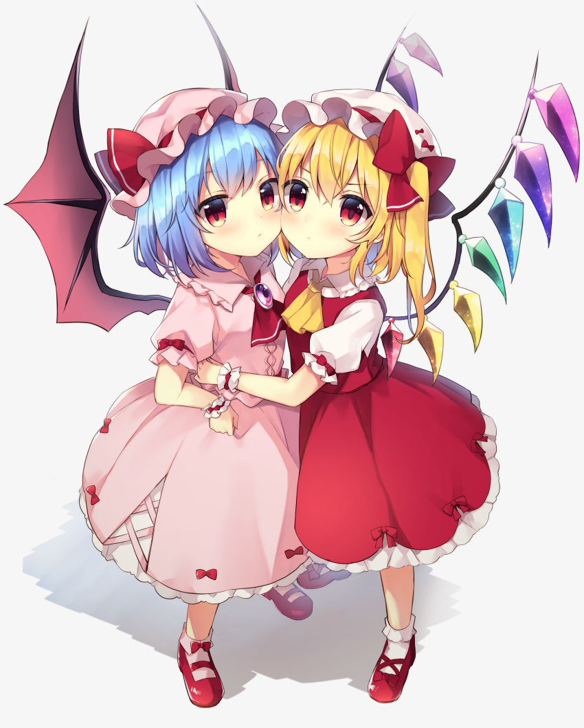 2girls absurdres bangs bat_wings blonde_hair blue_hair blush bobby_socks bow brooch cheek-to-cheek commentary_request cravat crystal flandre_scarlet full_body grey_background hand_on_another's_waist hand_on_hip hat hat_bow highres jewelry long_hair mary_janes medium_hair multiple_girls one_side_up pink_headwear pink_legwear pink_shirt pink_skirt red_bow red_eyes red_footwear red_neckwear red_skirt remilia_scarlet ruhika shirt shoes siblings sisters skirt sock_bow socks touhou white_headwear white_legwear white_shirt wings wrist_cuffs yellow_neckwear