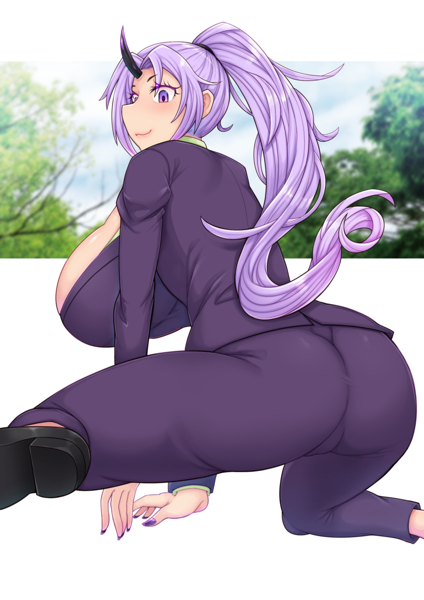 1girl ass blush breasts heart high_ponytail highres horns huge_breasts light_purple_hair loafers long_hair looking_at_viewer niwatora oni_horns pants purple_nails purple_pants purple_suit shion_(tensei_shitara_slime_datta_ken) shoes smile solo tensei_shitara_slime_datta_ken violet_eyes