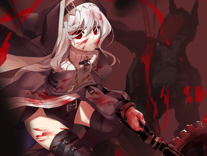 1girl 1other absurdres ao_oni_(onioni-aoi) arknights bangs black_capelet black_dress black_headwear black_legwear blood blood_on_face bloody_clothes bloody_hands bloody_weapon capelet circular_saw commentary dress eyebrows_visible_through_hair habit hair_between_eyes highres holding holding_weapon jewelry long_hair long_sleeves looking_at_viewer necklace nun off-shoulder_dress off_shoulder parted_lips red_eyes silhouette silver_hair simple_background specter_(arknights) thigh-highs upper_body weapon