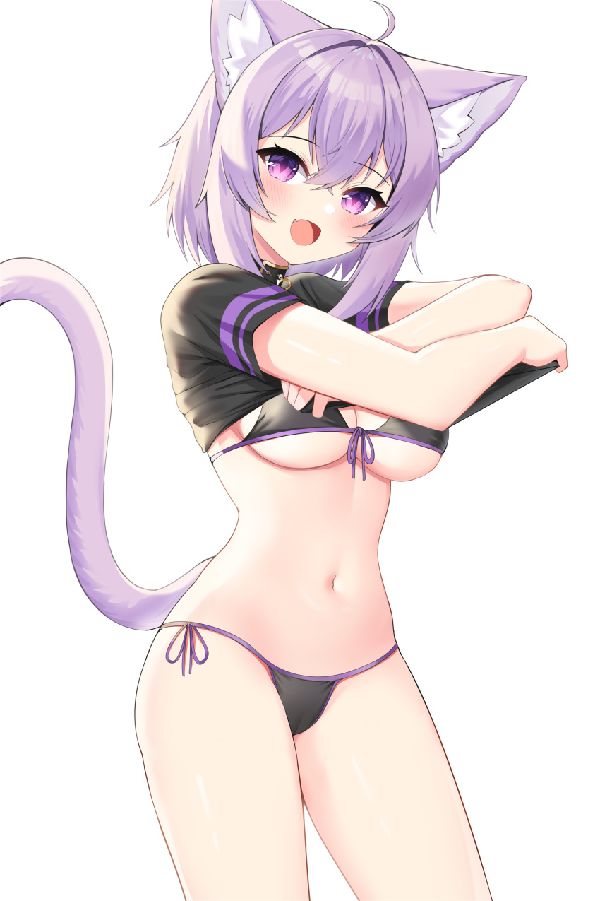 1girl :d absurdres animal_ears bangs bikini bikini_under_clothes black_shirt blush breasts cat_ears cat_girl cat_tail clothes_lift collar cowboy_shot eyebrows_visible_through_hair fang front-tie_bikini front-tie_top highres hololive lifted_by_self looking_at_viewer medium_breasts navel neko_lu_(wofud453) nekomata_okayu open_mouth purple_hair purple_ribbon ribbon shirt shirt_lift short_hair short_sleeves side-tie_bikini simple_background skin_fang smile solo stomach swimsuit tail under_boob undressing violet_eyes virtual_youtuber white_background