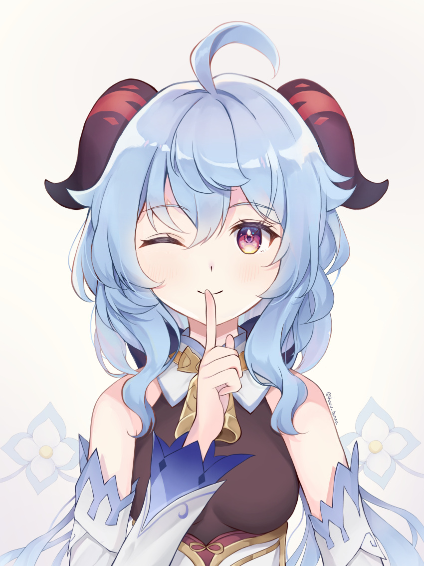 absurdres ahoge artist_name bangs bare_shoulders bell blue_hair breasts closed_mouth detached_sleeves eyebrows_visible_through_hair finger_to_mouth flower ganyu_(genshin_impact) genshin_impact gold_trim harukix highres horns index_finger_raised long_hair looking_at_viewer medium_breasts neck_bell no_gloves one_eye_closed shushing smile solo violet_eyes