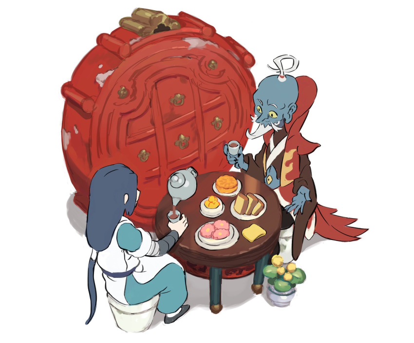 2boys 3me_da beard black_footwear black_hair blue_skin colored_sclera colored_skin cup facial_hair food highres jiulao_(the_legend_of_luoxiaohei) long_hair low-tied_long_hair multiple_boys plate shadow table tea teacup teapot the_legend_of_luo_xiaohei very_long_hair white_background white_hair wuxian_(the_legend_of_luoxiaohei) yellow_sclera