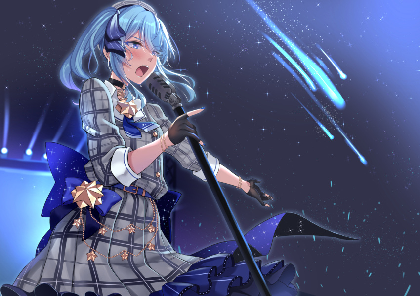 1girl a-na ascot bangs belt beret black_choker black_gloves blue_belt blue_bow blue_eyes blue_hair blue_neckwear blue_ribbon blush bow bow_skirt buttons choker collared_shirt comet double-breasted gloves grey_headwear grey_jacket grey_skirt hair_ribbon hat holding holding_microphone_stand hololive hoshimachi_suisei jacket jewelry long_sleeves medium_hair microphone microphone_stand miniskirt music open_mouth partially_fingerless_gloves pendant plaid plaid_headwear plaid_jacket plaid_skirt ribbon shirt side_ponytail sidelocks singing skirt skirt_set sky stage star_(sky) star_(symbol) star_bracelet star_in_eye starry_sky symbol_in_eye virtual_youtuber white_shirt