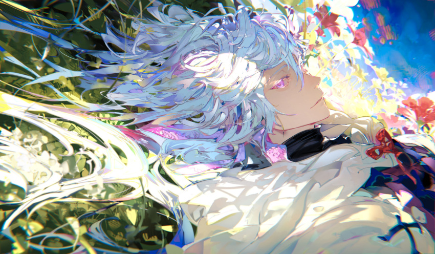 1boy cape fate/grand_order fate_(series) field flower flower_field highres long_hair looking_at_viewer lying male_focus merlin_(fate) on_back on_floor taiki_(luster) violet_eyes white_hair
