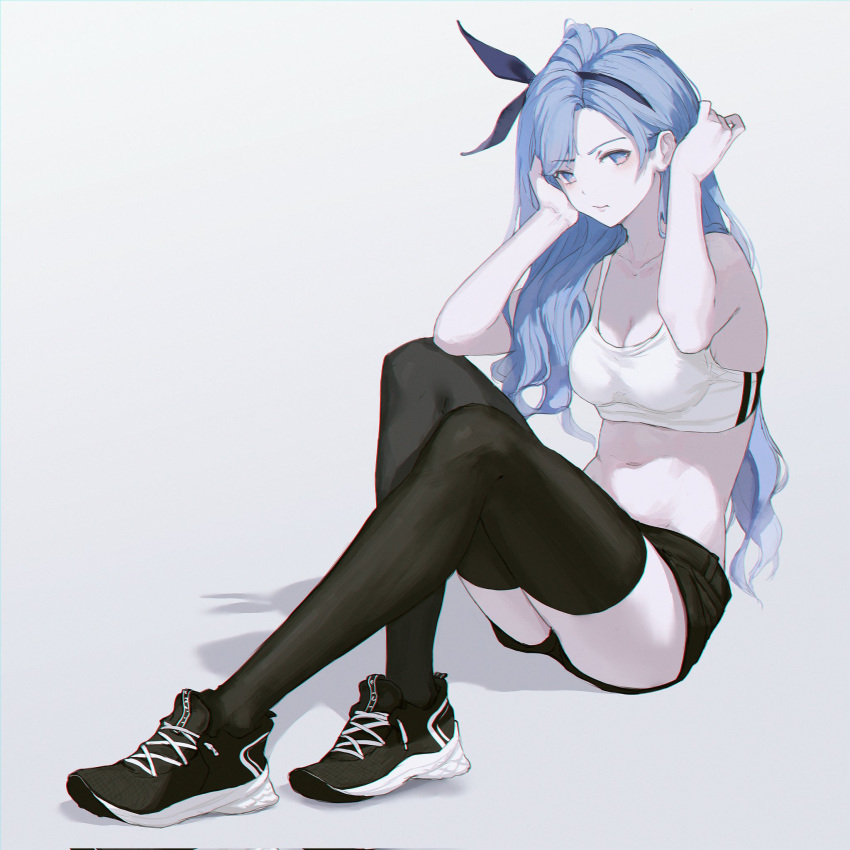 1girl black_legwear black_shorts blue_bandana blue_eyes blue_hair bow_hairband commission erospanda hairband highres long_hair minah_(chaesu) original shoes short_shorts shorts sneakers solo sports_bra thigh-highs