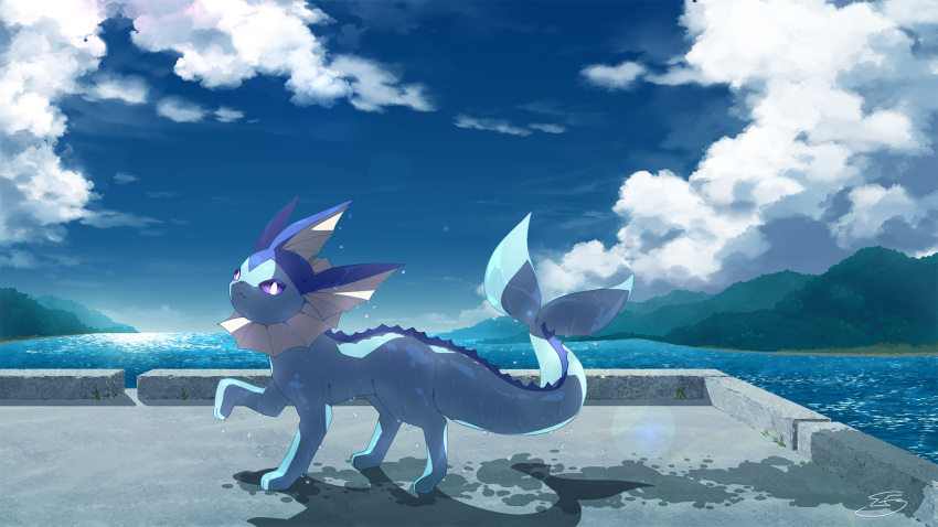 closed_mouth clouds day from_side full_body gen_1_pokemon highres iie_efg lens_flare looking_at_viewer looking_to_the_side no_humans outdoors paws pokemon pokemon_(creature) sky solo standing toes vaporeon violet_eyes water wet