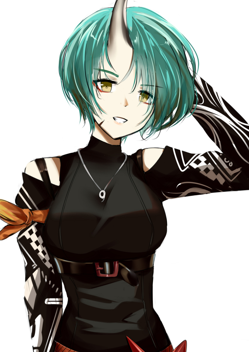 1girl absurdres alternate_hair_length alternate_hairstyle arknights arm_scarf belt black_shirt breasts clothing_cutout commentary english_commentary eyebrows_visible_through_hair green_hair grin hand_up highres horns hoshiguma_(arknights) jewelry large_breasts long_sleeves looking_at_viewer necklace oni_horns parted_lips shirt short_hair shoulder_cutout simple_background single_horn smile solo teeth ukei upper_body white_background yellow_eyes