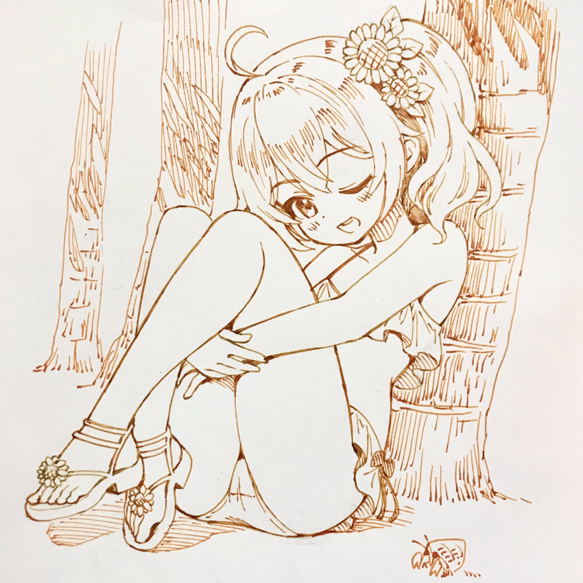 1girl against_tree ahoge ballpoint_pen_(medium) bikini flower full_body hair_flower hair_ornament hermit_crab highres hololive hugging_own_legs monochrome natsuiro_matsuri one_eye_closed open_mouth sabaku_chitai sandals side_ponytail sitting smile solo swimsuit traditional_media tree virtual_youtuber