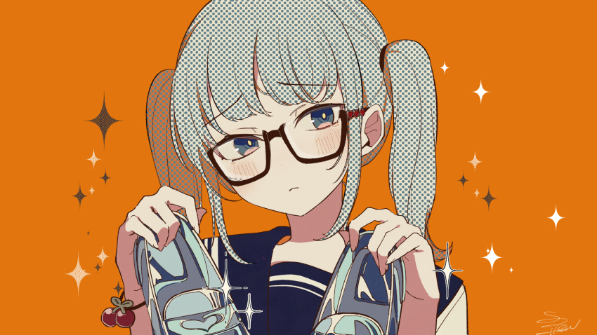 1girl aqua_eyes aqua_hair bespectacled blue_collar bracelet cherry collar collared_shirt commentary food fruit furrowed_brow glass_slipper glasses hassan_(sink916) hatsune_miku heart highres holding holding_clothes holding_footwear jewelry light_blush light_frown looking_at_viewer medium_hair orange_background sailor_collar school_uniform semi-rimless_eyewear shirt solo sparkle twintails upper_body vocaloid white_shirt