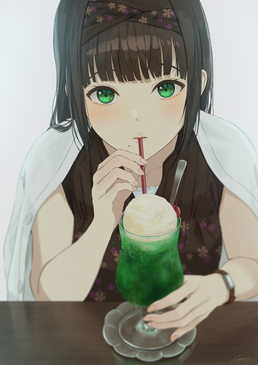 1girl bangs bare_arms black_dress black_hair black_hairband blunt_bangs cherry commentary dress drinking_straw_in_mouth english_commentary food fruit green_eyes grey_background hairband highres ice_cream ice_cream_float kurosawa_dia long_hair looking_at_viewer love_live! love_live!_sunshine!! mole mole_under_mouth papi_(papiron100) shirt shirt_on_shoulders signature simple_background soft_focus solo table watch watch white_shirt