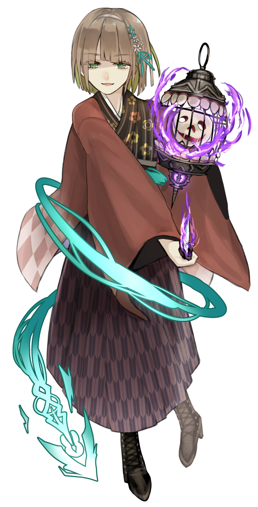 1boy :d absurdres bangs boots brown_footwear brown_hair cage floating full_body glowing glowing_weapon green_eyes gretel_(sinoalice) hair_between_eyes hanbok hansel_(sinoalice) headband highres holding holding_knife knife korean_clothes long_hair long_sleeves looking_at_viewer open_mouth otoko_no_ko short_hair simple_background sinoalice smile solo towada-san_(thank39) weapon white_background
