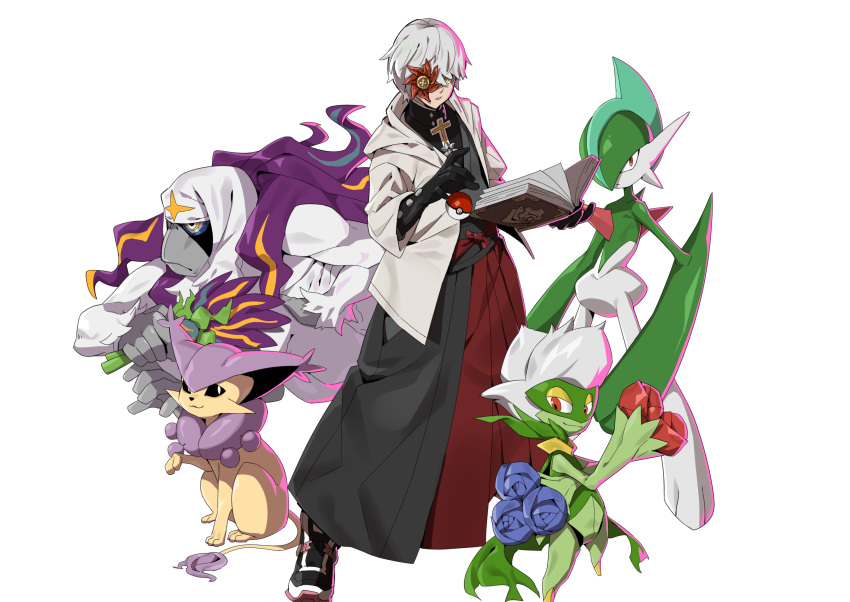 1boy absurdres asuka_r._kreutz black_gloves book cross crossover delcatty eyepatch gallade gen_3_pokemon gen_4_pokemon gen_7_pokemon gloves grey_hair guilty_gear guilty_gear_strive hair_between_eyes hakama highres holding holding_book japanese_clothes makai male_focus oranguru parted_lips poke_ball pokemon pokemon_(creature) roserade shoes simple_background sneakers standing white_background yellow_eyes