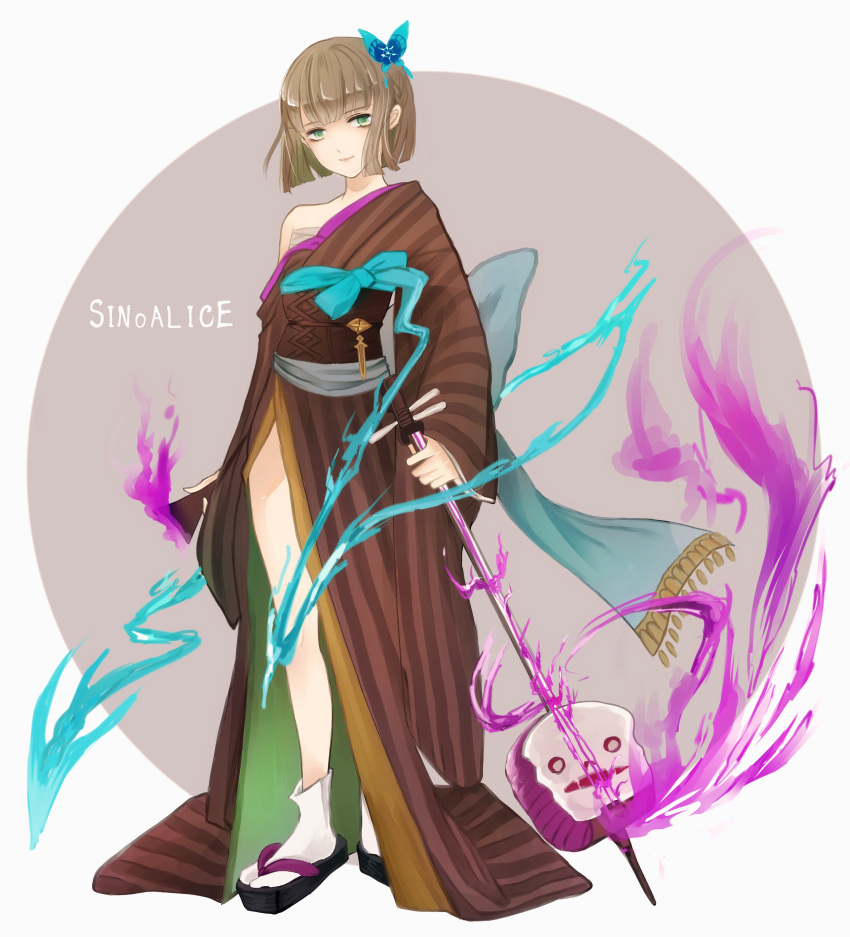 1boy 99tkmo absurdres bangs bare_shoulders beige_background brown_hair brown_kimono bug butterfly closed_mouth flip-flops full_body green_butterfly green_eyes gretel_(sinoalice) hair_between_eyes hair_ornament hansel_(sinoalice) highres holding holding_instrument insect instrument japanese_clothes kimono looking_at_viewer otoko_no_ko sandals shamisen short_hair sinoalice smile solo two-tone_background white_background white_legwear