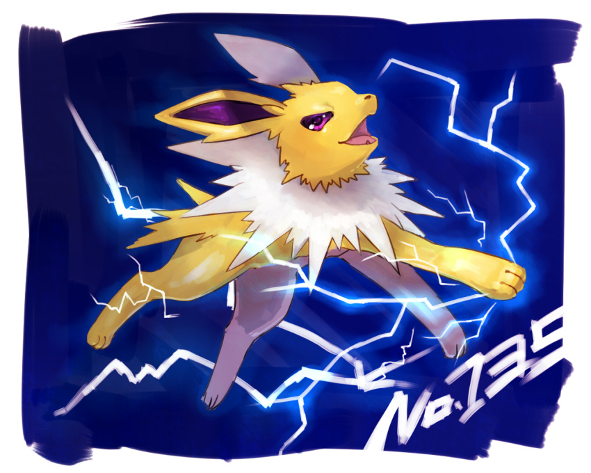 border commentary_request electricity fang full_body gen_1_pokemon jolteon kikuyoshi_(tracco) looking_at_viewer no_humans number open_mouth paws pokedex_number pokemon pokemon_(creature) solo toes tongue violet_eyes white_border