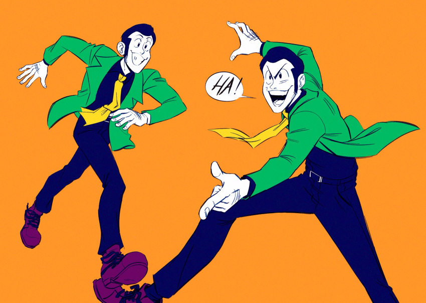 1boy arsene_lupin_iii belt black_hair brown_footwear finger_gun formal full_body green_jacket highres jacket leiana_nitura lupin_iii multiple_views necktie orange_background sideburns smile solo speech_bubble standing suit yellow_neckwear