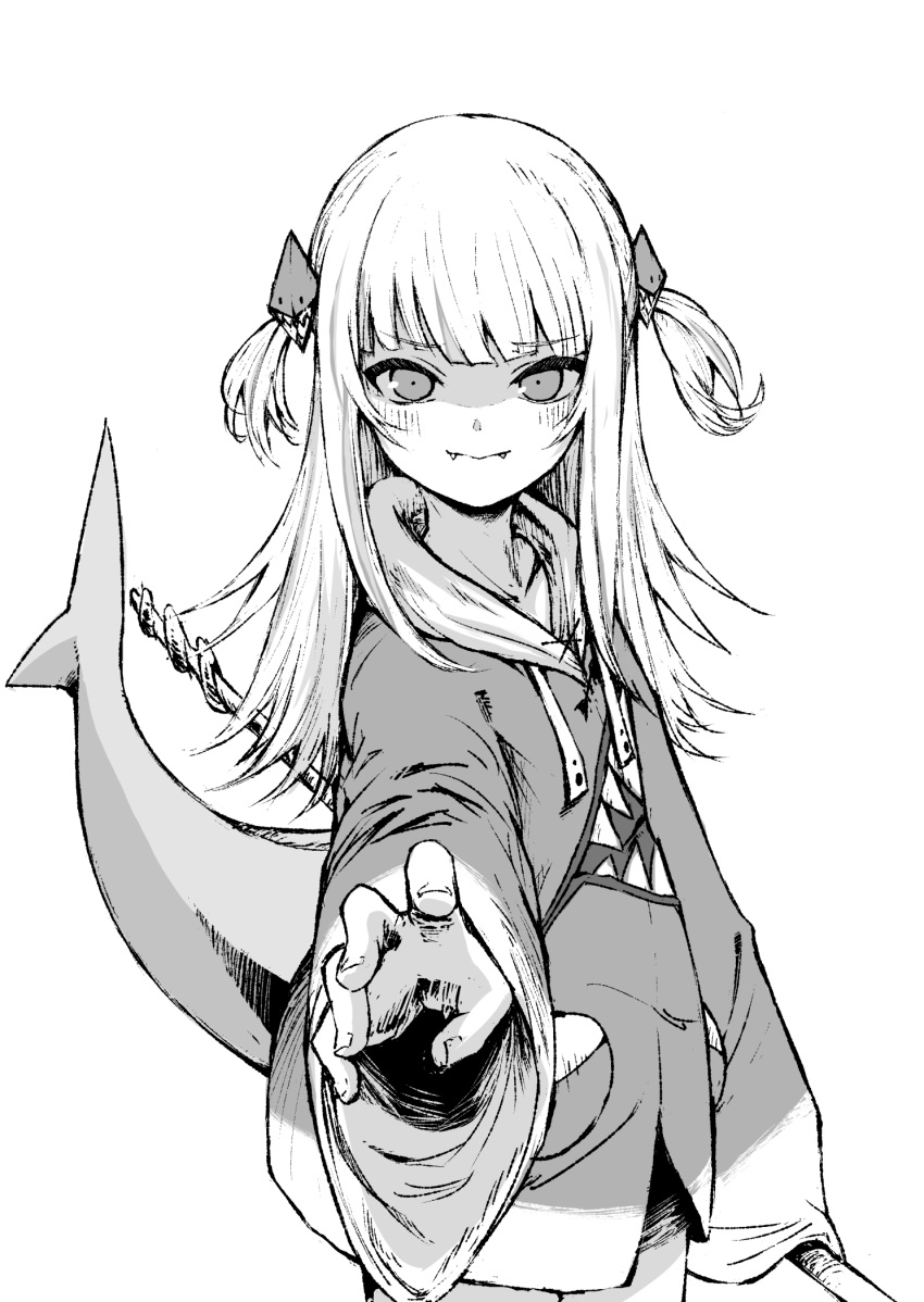 1girl bangs collarbone eyebrows_visible_through_hair fangs fangs_out fish_tail gawr_gura greyscale highres holding hololive hololive_english looking_at_viewer medium_hair monochrome not_nodu shaded_face shark_tail solo tail two_side_up white_background