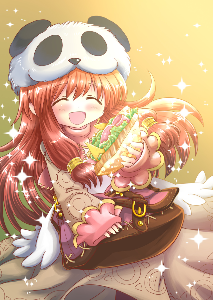 1girl :d bag bangs blush brown_dress brown_hair cheese closed_eyes commentary_request commission cowboy_shot dress eyebrows_visible_through_hair food highres holding holding_food kiritaki lettuce long_hair meat merchant_(ragnarok_online) open_mouth panda_hat ragnarok_online sandwich sidelocks skeb_commission sleeves_past_wrists smile solo sparkle yellow_background