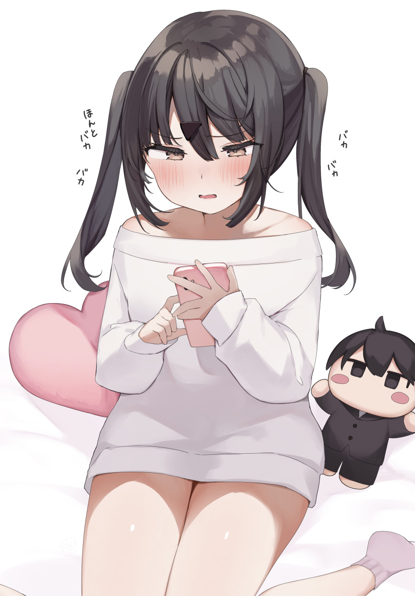1girl absurdres bangs bed_sheet black_hair blue_eyes blush brown_eyes cellphone commentary_request doll eyebrows_visible_through_hair hair_ornament heart heart_pillow highres holding holding_phone long_hair long_sleeves no_shoes off-shoulder_sweater off_shoulder open_mouth original phone pillow puffy_long_sleeves puffy_sleeves simple_background sinnop10 sitting smartphone socks solo sweater translation_request twintails white_background white_sweater